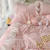 Yeknu Korean Princess Style Lattice Double Layer Lace Bedding Set Soft Quilt Cover Plaid Style Duvet Covers Set Bed Sheet Pillowcases