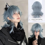 Yeknu 16Inch Haze Blue Color Handsome Synthetic Wig With Bang Medium Natural Wavy Hair Wig for Man or Women Cosplay Heat Resistant