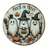 Yeknu 2D Wooden Halloween Three Cute Ghost Broom Spoof Pumpkins 7.9Inch/20cm Round Hanging Sign Wall or Door Decor Wall Art