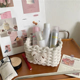 Yeknu Ins Kawai Desktop Storage Basket Korean Bear Cotton Linen Woven Basket Cute Cosmetics Makeup Sundry Storage Basket Organizer Box