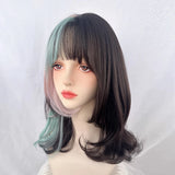 Yeknu Short Wavy Ombre Brown Pink Mixed Wig with Bangs Synthetic Lolita Cosplay Natural Women Fluffy Hair Wig for Daily Party