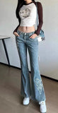 Yeknu Y2K Women Vintage Sweet Blue Flare Jeans Harajuku Butterfly embroidery Straight Trousers High Waist Denim Female Kawaii Clothes