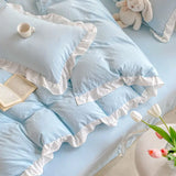 Yeknu Korean Princess Style Duvet Cover Set No Filling Pink Blue Soft Washed Cotton Girls Favorite Ruffles Bed Linen Pillowcases