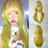 Yeknu Blonde Ombre Green Long Straight Synthetic Layered Jellyfish Head Wig Y2K Fluffy Lolita Cosplay Wig for Daily Party