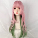 Yeknu Synthetic Long Straight Ombre Pink Green Blend Layered Wig with Bangs Lolita Cosplay Women Hair Wig for Daily Party