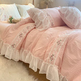 Yeknu Pink Korean Princess Style Lace Ruffles Wedding Bedding Set Seersucker Washed Cotton Soft Duvet Cover Set Bed Sheet Pillowcases