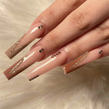 Yeknu 24Pcs Glitter Ballet False Nails Long Coffin Fake Nails with Flower Design Gold Powder French Press on Nails DIY Manicure Tips