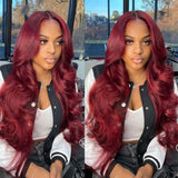 Yeknu Burgundy 99J Body Wave 13x4 Lace Frontal Human Hair Wig 200 Density 13x6 Transparent Lace Frontal Wigs Red Colored Remy Hair