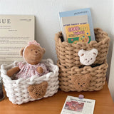 Yeknu Ins Kawai Desktop Storage Basket Korean Bear Cotton Linen Woven Basket Cute Cosmetics Makeup Sundry Storage Basket Organizer Box