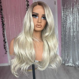 Yeknu Ombre Brown Roots Platinum Blonde #60 Wavy Synthetic Black Women Wigs Natural Look Glueless 13x4 Lace Front Synthetic Hair Wigs