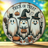 Yeknu 2D Wooden Halloween Three Cute Ghost Broom Spoof Pumpkins 7.9Inch/20cm Round Hanging Sign Wall or Door Decor Wall Art