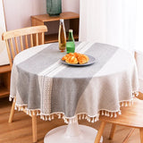 Yeknu Grey Stripe Round Tablecloth Cotton Linen  Lace Tassel Dustproof Tables Cover Wear-Resistant Thicken Mat Wedding Decoration