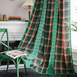 Yeknu American Style Green Plaid Yarn-dyed Curtain Semi-shading Bay Window Curtains for Kitchen Living Room Bedroom Home Decoration