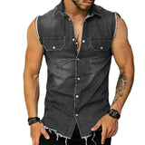 Yeknu Streetwear Mens Fashion Denim Vest Shirts Turn-down Collar Button-up Sleeveless Denim Tank Tops For Men Spring Summer Jean Vest