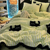 Yeknu Korean Style Bedding Set Green Strip Black Cat Embroidery Washed Cotton  Duvet Cover Cute Cardboard  Bed linen Comforter Sets