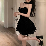 Yeknu Off-shoulder Sexy Slim Sequins Velvet Black Party Dress Women Autumn New Korean Solid Color All Match Halter Mini Dress