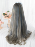 Yeknu 26Inch Silver Gray Highlight Gray Blue With Bang Synthetic Wigs Long Natural Straight Hair Wig for Women Cosplay Heat Resistant