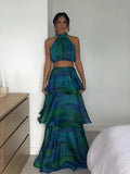 Yeknu Printed Halter Top & Ruffles Half Skirt Set Fashion Crop Pullover And Long Skirts Suit 2024 Spring Summer Holiday Dress Bohe