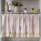 Yeknu Wave Pink Embroidered Flowers Window Valance Living Room Elegant Lace Curtain Valance Lace Tape Short Curtains Kitchen