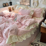 Yeknu Pink Korean Princess Style Lace Ruffles Bedding Set Skin-friendly Seersucker Duvet Cover Set Fitted Sheet/Bed Sheet Pillowcases