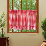 Yeknu Classic Red Plaid Ruffle Short Curtain Sheer For Kitchen Retro Soft Tulle Curtains For Bedroom Small Window Coffee Half-curtain