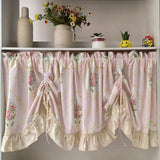 Yeknu Wave Pink Embroidered Flowers Window Valance Living Room Elegant Lace Curtain Valance Lace Tape Short Curtains Kitchen