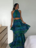 Yeknu Printed Halter Top & Ruffles Half Skirt Set Fashion Crop Pullover And Long Skirts Suit 2024 Spring Summer Holiday Dress Bohe