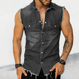 Yeknu Streetwear Mens Fashion Denim Vest Shirts Turn-down Collar Button-up Sleeveless Denim Tank Tops For Men Spring Summer Jean Vest