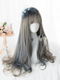 Yeknu 26Inch Silver Gray Highlight Gray Blue With Bang Synthetic Wigs Long Natural Straight Hair Wig for Women Cosplay Heat Resistant