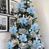 Yeknu 5.7 Inch Artificial Blue and Black Christmas Glitter Flowers with Clips 5/10pcs Xmas Tree Flower Ornaments Noel New Year Decor