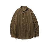 Yeknu Spring Japanese Retro Brown Striped Shirts for Men and Women Loose Long-sleeved Pocket Button Lapels Casual Men Shirt Jackets