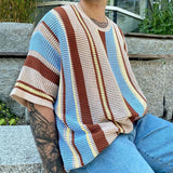 Yeknu Summer New Mens Fashion Knit Pullover Top Male Casual Loose Short Sleeve O Neck Knitted Tee Men Trendy Patchwork Striped T-shirt