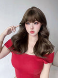 Yeknu 20Inch Cool Brown Synthetic Wigs with Bangs Long Natural Wavy Hair Wig for Women Daily Use Cosplay Drag Queen Heat Resistant