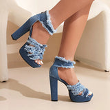 Yeknu Sexy High-heeled Jean Sandals Women Platform Tassel Fringe Denim High Heels Zipper Sandals for Summer Ladies