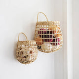 Yeknu Handmade Rattan Storage Basket Hanging Organizer with Handle Flower Fruit Vegetable Holder Support Home Kitchen Wall Decor