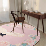 Yeknu Retro Round Living Room Carpets Pink Ethnic Style Bedroom Carpet Crane Flower Girl Room Rug Luxury Art Easy To Care Rugs