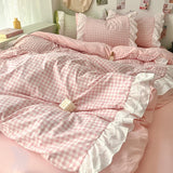 Yeknu Korean Princess Style Lattice Double Layer Lace Bedding Set Soft Quilt Cover Plaid Style Duvet Covers Set Bed Sheet Pillowcases