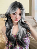 Yeknu 28Inch White Black Ombre Lolita Synthetic Wigs With Bang Long Wavy Hair Wig for Women Cosplay Daily Use Cosplay Heat Resistant