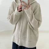 Yeknu Autumn Niche Hollow Knitted Sweater Men Cardigan Hooded Zipper Long-sleeved Korean Style Trendy Design Sweater Men Cardigan Coat