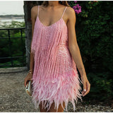 Yeknu New Sexy Tassel Sequins Feather Mini Dress Women Spaghetti Strap Stitching Dresses Female Elegant Evening Party Club Dress