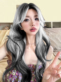 Yeknu 28Inch White Black Ombre Lolita Synthetic Wigs With Bang Long Wavy Hair Wig for Women Cosplay Daily Use Cosplay Heat Resistant