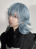 Yeknu 16Inch Haze Blue Color Handsome Synthetic Wig With Bang Medium Natural Wavy Hair Wig for Man or Women Cosplay Heat Resistant