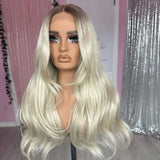 Yeknu Ombre Brown Roots Platinum Blonde #60 Wavy Synthetic Black Women Wigs Natural Look Glueless 13x4 Lace Front Synthetic Hair Wigs