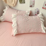 Yeknu Korean Princess Style Lattice Double Layer Lace Bedding Set Soft Quilt Cover Plaid Style Duvet Covers Set Bed Sheet Pillowcases