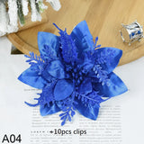 Yeknu 5.7 Inch Artificial Blue and Black Christmas Glitter Flowers with Clips 5/10pcs Xmas Tree Flower Ornaments Noel New Year Decor