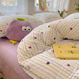 Yeknu Ins Bedding Set Purple Love Stripe Double Layer Yarn Four Piece Dormitory Girl Heart Bed Sheet And Quilt Set Washed Cotton