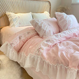 Yeknu Pink Korean Princess Style Lace Ruffles Wedding Bedding Set Seersucker Washed Cotton Soft Duvet Cover Set Bed Sheet Pillowcases