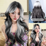 Yeknu 28Inch White Black Ombre Lolita Synthetic Wigs With Bang Long Wavy Hair Wig for Women Cosplay Daily Use Cosplay Heat Resistant