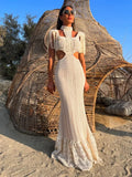 Yeknu Sexy White Lace Women Dress Turtleneck Tassel Sleeve Slim Naked Waist Hollow Out Long Dress Summer Beach Female Knit Robe