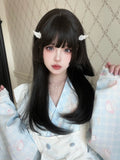 Yeknu 22Inch Black Lolita Hime Cut Synthetic Wigs with Bang Long Natural Straight Hair Wig for Women Daily Use Cosplay Heat Resistant